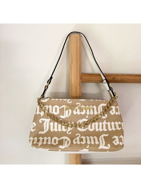Juicy Couture Handbags - Juicy Couture Y2K Canvas Logo Baguette Shoulder Bag Beige White Chain